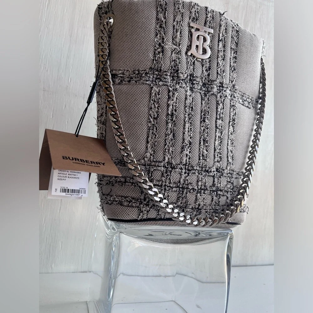 BURBERRY Lola Needle Punch Check Canvas Small Bucket Bag- Black and White - Picture 5 of 13